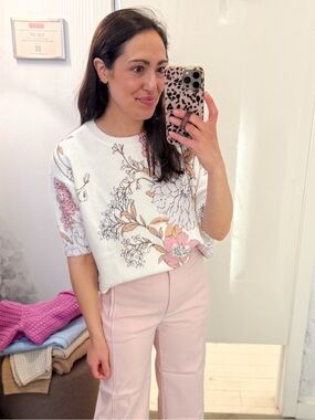 Ann Taylor White Knit Short-Sleeve Sweater with Pink & Peach Floral Print